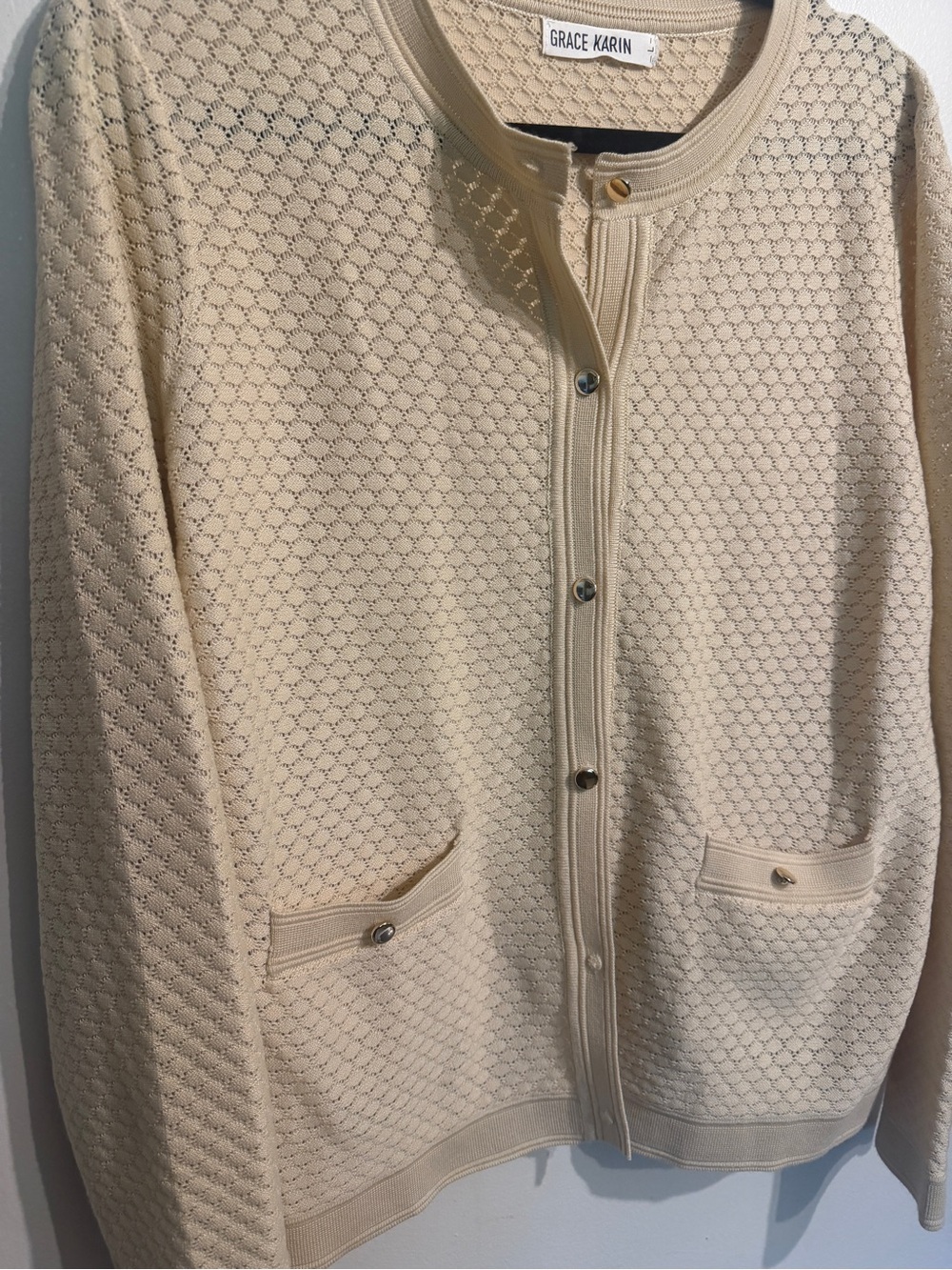 GRACE KARIN Textured Button-Down Cardigan Sweater - Cream/Beige - Picture 7 of 10